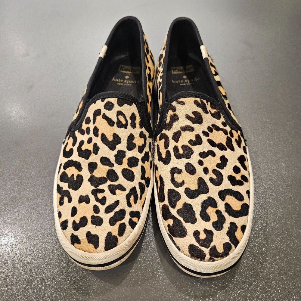 Keds X Kate Spade NY Double Decker Leopard-print Calf Hair Slip-On Sneakers Sz 9